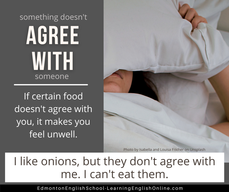 SOMETHING DOESN'T AGREE WITH SOMEONE Definition: If certain food doesn't agree with you, it makes you feel unwell. Example Sentence: I like onions, but they don't agree with me. I can't eat them. 