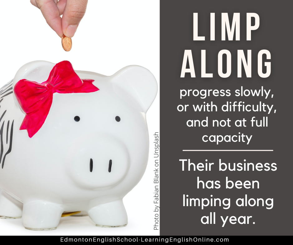 Definition & Example for LIMP ALONG - to progress slowly or with difficultly Sentence Example: Their business has been limping along all year.