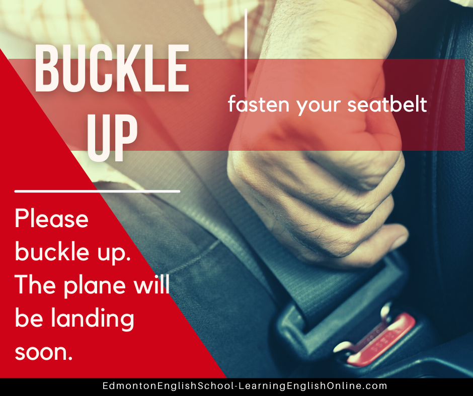 The meaning of BUCKLE UP is fasten your seatbelt. Example: Please buckle up. The plane will be landing soon.